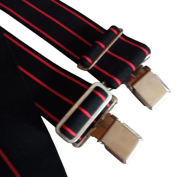 Vintage Logger Suspenders Adjustable Black Red Striped Alligator Metal Clips - Picture 3 of 4